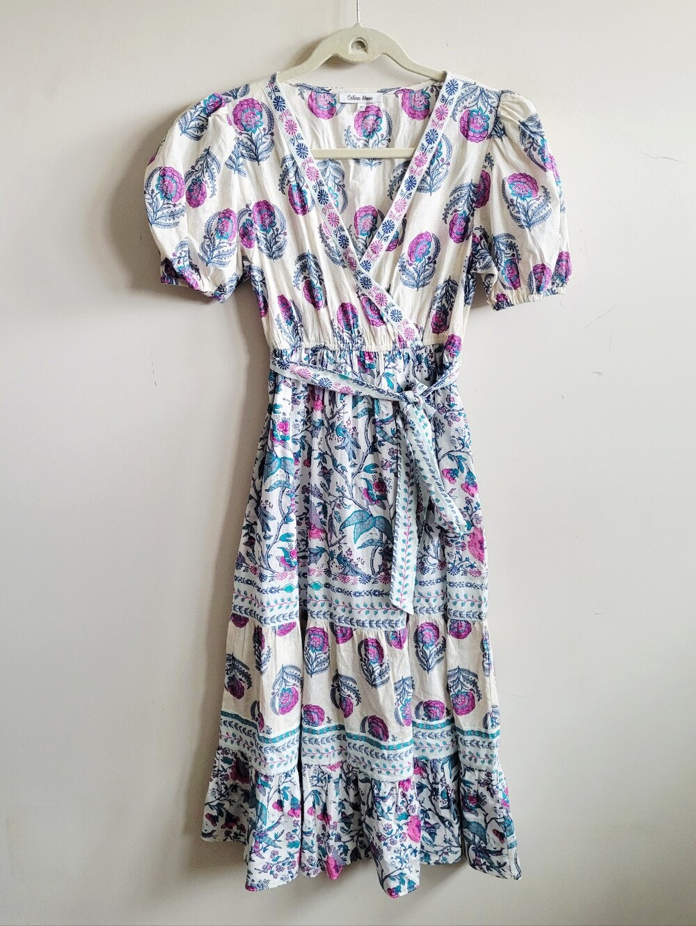 Celina Moon Tiered Floral Block Print Belted Midi Dress